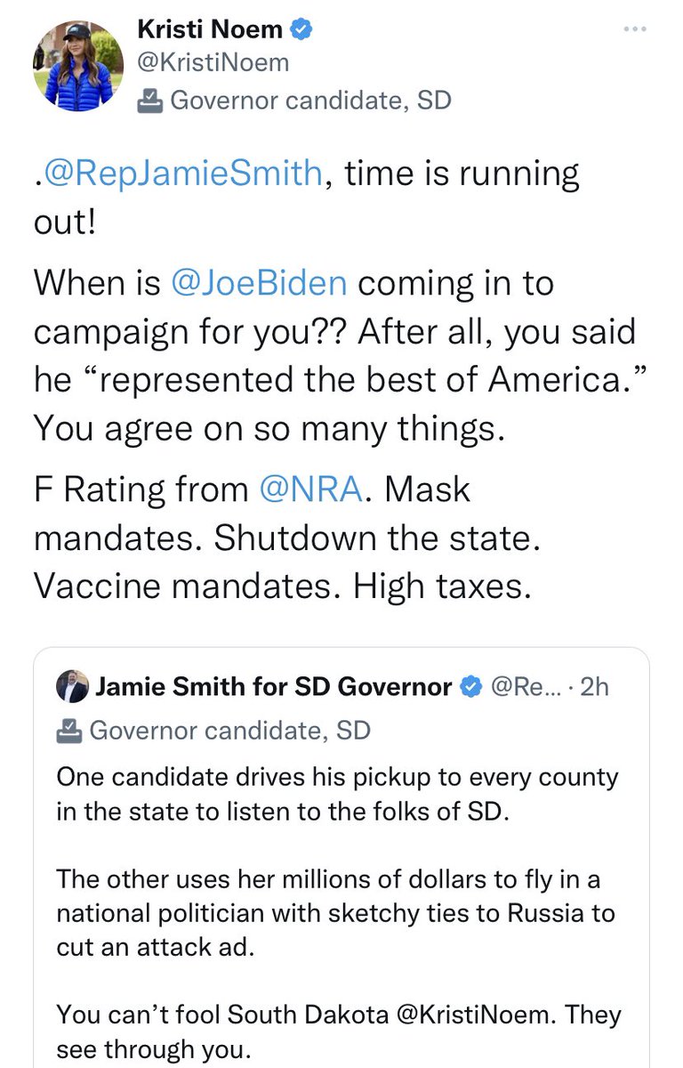 JamieSmith_SD's tweet photo. I take my cues from South Dakota, @KristiNoem.

Unlike you, I would rather hear from them than fly in national politicians who tell South Dakotans what to do and how to think. https://t.co/GJYSFeVTwo