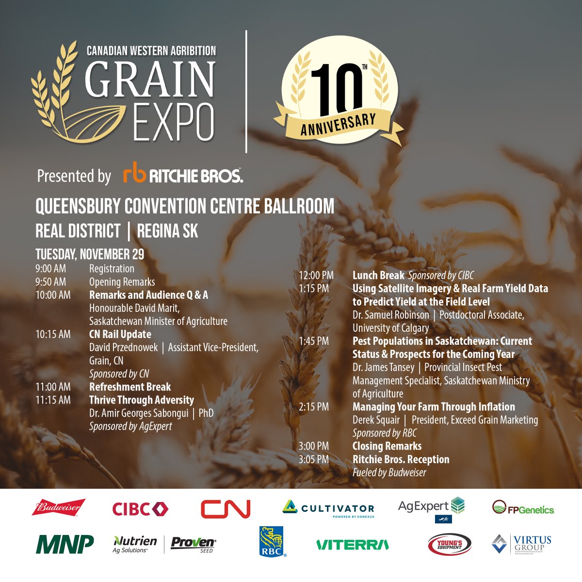 Agribition's tweet photo. Check out the 10th annual Grain Expo's agenda below! Happening on November 29 & 30, 2022๐พ
Interested in attending? Reach out to one of our event partners for an invite! https://t.co/yqQ4Qk2VwQ