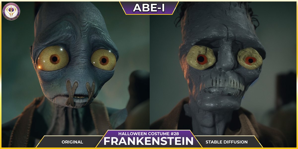 OddworldInc's tweet photo. Day 28 of #Abei
Only a few days of October left and things are about to get even more odd. Abe’s #Halloween costume today is Frankenstein’s Monster.
#AIart @stabilityai #madewithstablediffusion #aiartcommunity #Halloweencostume #FrankensteinsMonster #Oddworld #Frankenstein https://t.co/dGxbEpP2BP