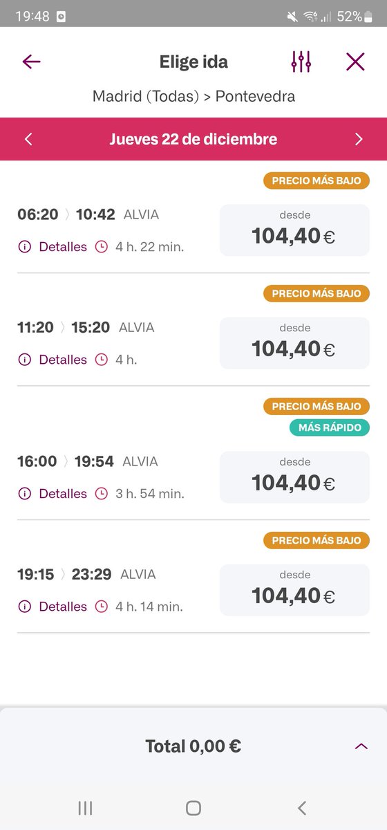 CarlotaFernand's tweet photo. Hoy han salido los billetes Madrid-Pontevedra para las fechas de navidad y no tengo palabras para definir bien lo estafadores que sois @Renfe Estos precios por trayecto son PROHIBITIVOS. ¿Para cuándo mi bono larga distancia a Galicia? @sanchezcastejon. https://t.co/ICA1D5jasV