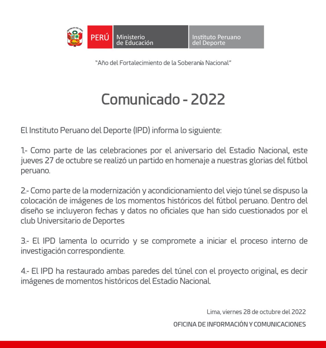📌 El Instituto Peruano del Deporte comunica a la opinión pública lo siguiente: