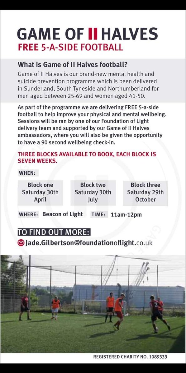 safcann1967's tweet photo. It's back tomorrow!!!! Come down and enjoy an hour of 5 a side football โฝ plus our health and wellbeing check in โค๏ธ #mentalhealthawareness #foundationoflight #LetsTalk https://t.co/Kc9Nny2qvw