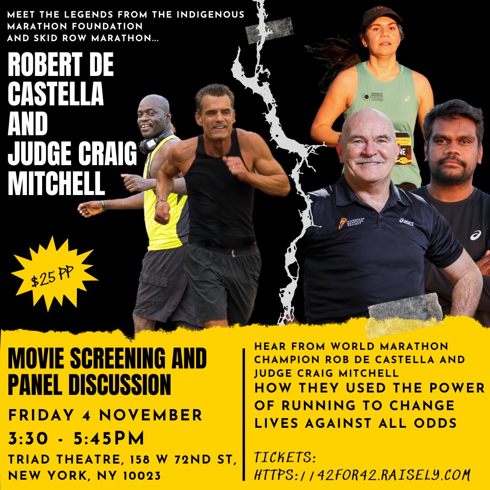 So excited to screen <a href="/skidrowmarathon/">skidrowmarathon</a> before the <a href="/nycmarathon/">TCS New York City Marathon</a> to support the <a href="/IndigMaraProjct/">The Indig Mthn Found</a> from Australia. If you are in New York, come and join us. Tickets are available here: 
42FOR42.RAISELY.COM
#NewYork #Homelessness #Running #Marathon #Recovery #Asics