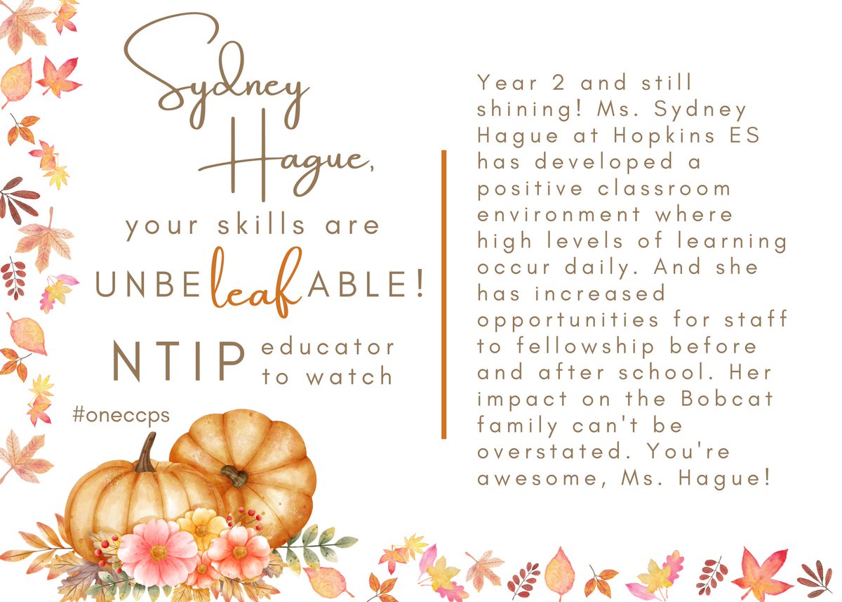 Ms. Sydney Hague... the impact from this #NTIPEducatorToWatch is felt throughout <a href="/HopkinsRoadES/">HopkinsES</a>. She fosters a positive learning environment full of energy, curiosity, &amp; growth. She helps colleagues experience opportunities for play &amp; connection. &amp; we LOVE it! @gradetchr #oneCCPS