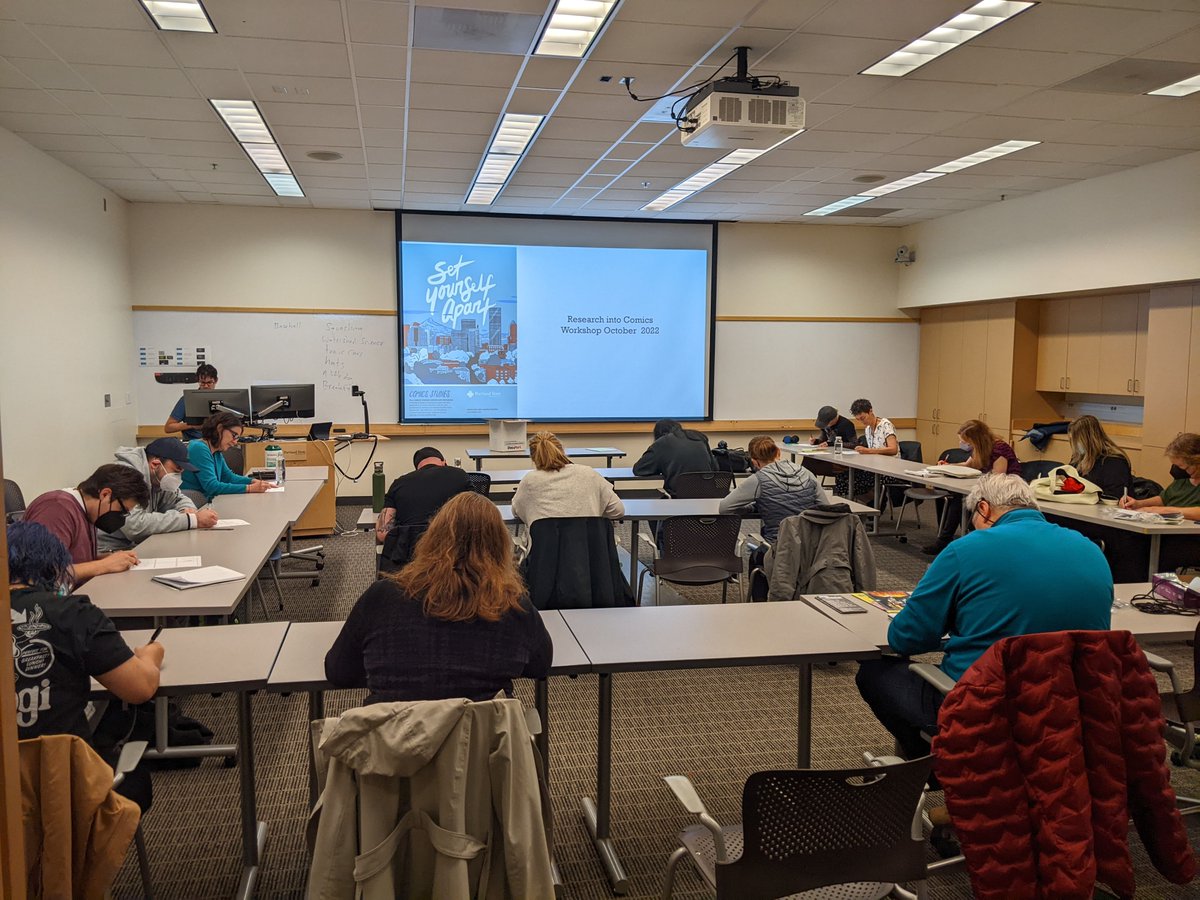 TRECpdx's tweet photo. The #ComicsResearch workshop at @portland_state is happening now, with attendees learning to translate research concepts into the graphic format. Learn about #ComicsStudies at PSU: https://t.co/gv30spUz7s and the @NITC_UTC project behind today's workshop: https://t.co/mbVv6j5YKg https://t.co/RNMGIlv84C