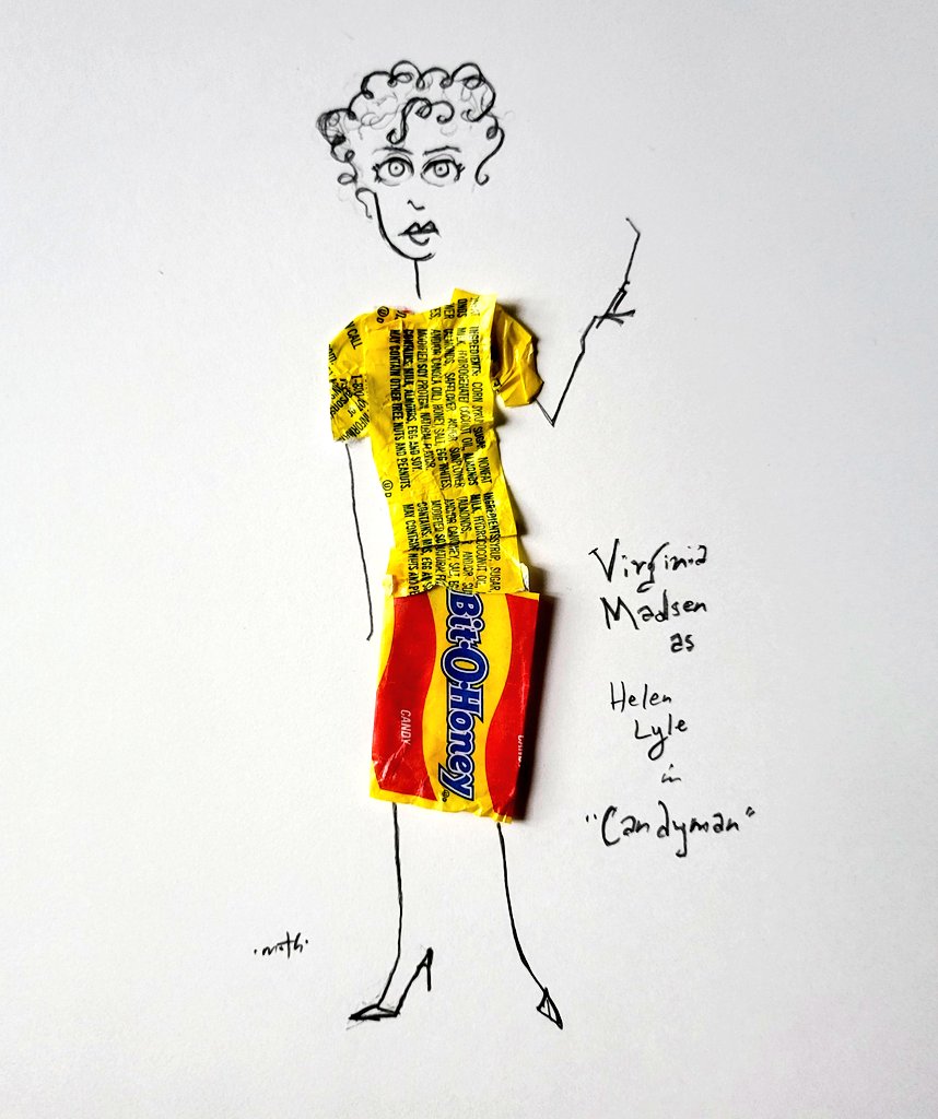 timschaffert's tweet photo. Now for some Halloween-y ones: here's Virginia Madsen in "Candyman," a movie that creeped me out like no other. Wearing a skirt-and-sweater set by Bit o' Honey. # 477 in candy wrapper fashion
#virginiamadsen #candyman #bitohoney #halloween #horrormovies #candywrapperfashion https://t.co/o9CLR52eG6