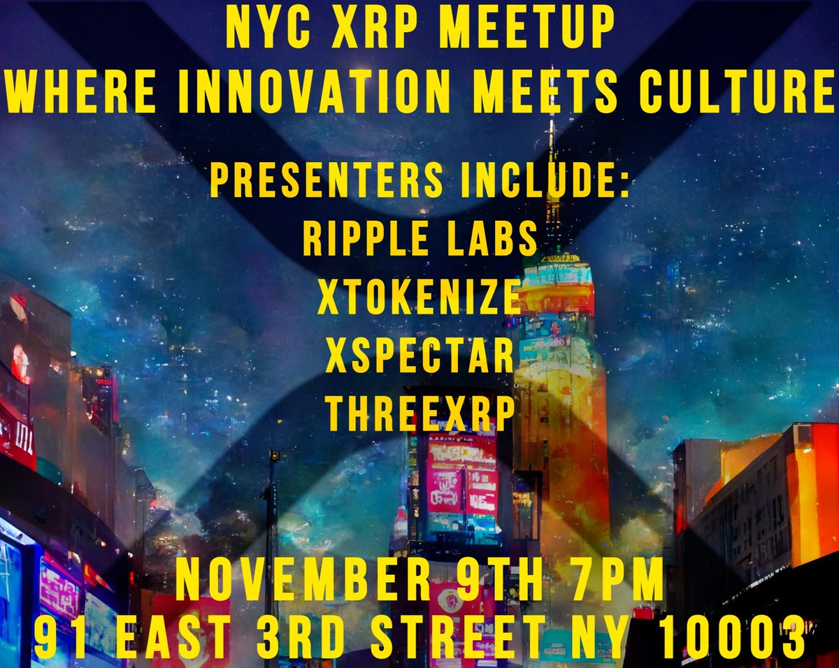 In just under two weeks join us for a night of great presentations &amp; socializing!

Talks by: @ripple, <a href="/xTokenize/">X-Tokenize</a>, @xspectar, <a href="/ShortTheFOMO/">Fomo {X}</a> (threexrp.dev), <a href="/xrpcafe/">xrp.cafe ☕</a>, &amp; more!

meetup.com/nyc-xrp/events…

Sponsored by <a href="/DevNullProd/">Dev Null Productions | The Longest Tale</a>, <a href="/xTokenize/">X-Tokenize</a>, &amp; @ripple