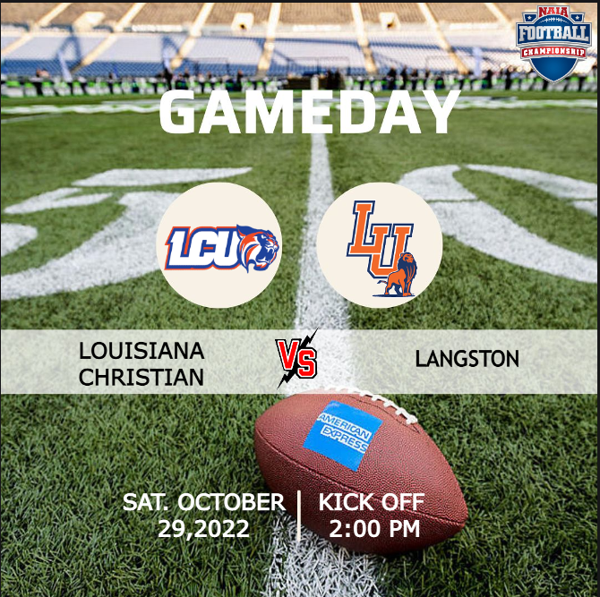 NAIA FOOTBALL (@naiafootbal) on Twitter photo ๐จ GAMEDAY๐จ
๐ <a href="/LCU_ftball/">LCU Football</a> ๐ <a href="/LangstonLionsFB/">Langston Lions Football</a>
๐ Saturday, October 29 | โฑ 2:00 PM
๐บ Live On : is.gd/kCag4k
<a href="/CoachReger/">Drew Reger</a> <a href="/LC_University/">Louisiana Christian University</a> <a href="/LCU_Wildcats/">Louisiana Christian University Wildcats</a> <a href="/GabrielBulliard/">Coach Rocky</a> <a href="/Coach_Griffin32/">Kevin Griffin</a> <a href="/LangstonSports/">Langston Athletics</a> <a href="/LUAdmissions/">Langston Admissions/Recruitment</a> ๐จ GAMEDAY๐จ
๐ <a href="/LCU_ftball/">LCU Football</a> ๐ <a href="/LangstonLionsFB/">Langston Lions Football</a>
๐ Saturday, October 29 | โฑ 2:00 PM
๐บ Live On : is.gd/kCag4k
<a href="/CoachReger/">Drew Reger</a> <a href="/LC_University/">Louisiana Christian University</a> <a href="/LCU_Wildcats/">Louisiana Christian University Wildcats</a> <a href="/GabrielBulliard/">Coach Rocky</a> <a href="/Coach_Griffin32/">Kevin Griffin</a> <a href="/LangstonSports/">Langston Athletics</a> <a href="/LUAdmissions/">Langston Admissions/Recruitment</a>