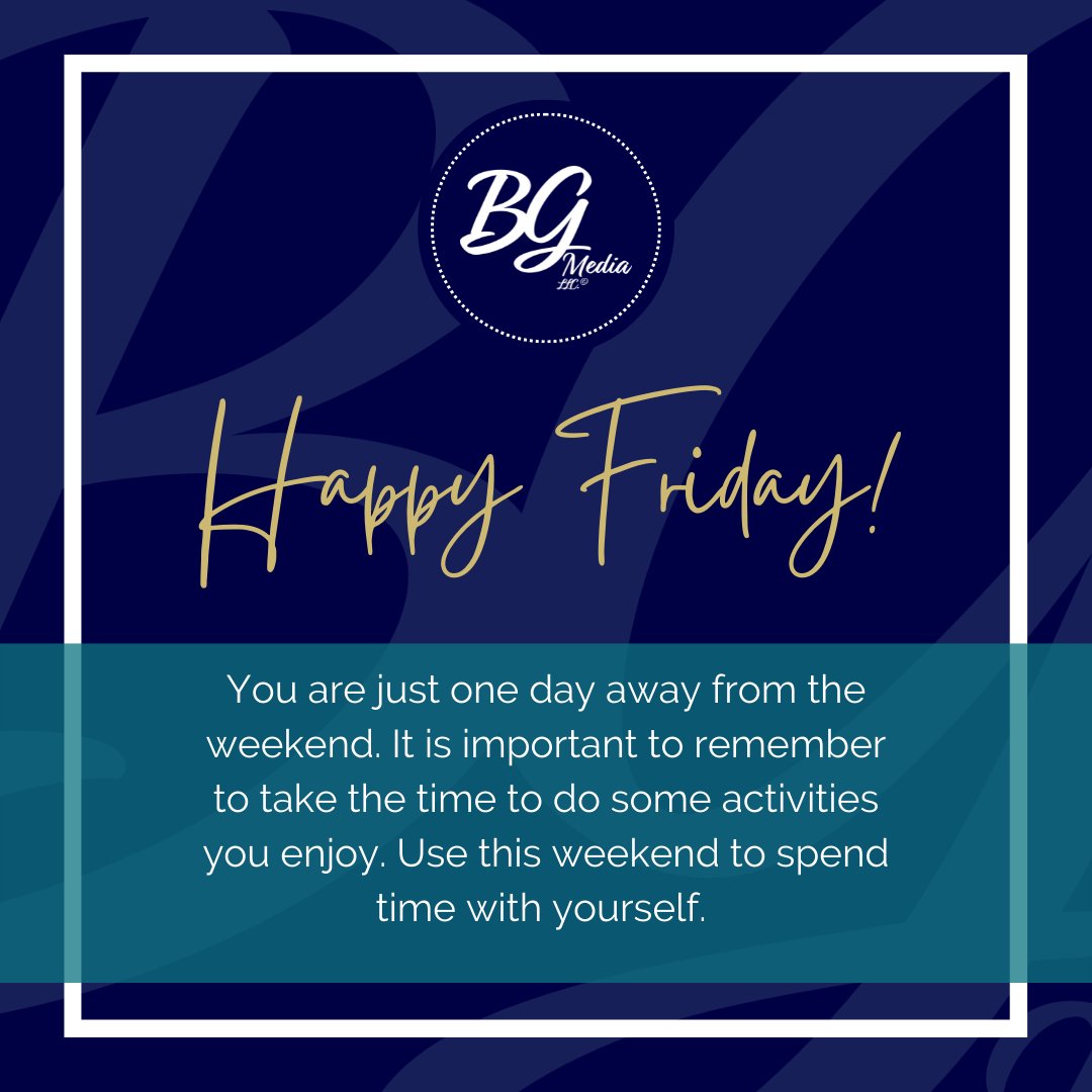 BGraceMedia's tweet photo. Happy Friday!
You are just one day away from the weekend. It is important to remember to take the time to do some activities you enjoy. Use this weekend to spend time with yourself.
#BGrace #blackownedbusiness
#Marketingfirm
#PublicRelations
#BGM
#AACE
#Birmingham https://t.co/ycCiNUrpNN