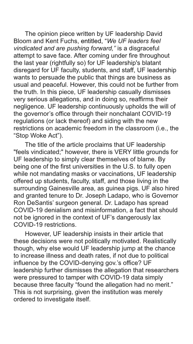 UnitedFacultyFL's tweet photo. UF leadership wrote an op-ed this summer, in which they patted themselves on the back for the [abhorrent] job they’re doing. It is even more asinine, now that their #SB520 plans have come to light in naming #BenSasse the sole finalist in the UF presidential search.

Thread🧵 https://t.co/3L68QXFwMX