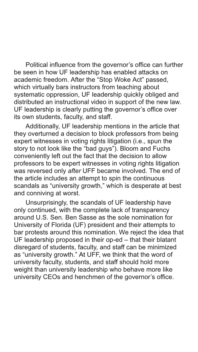 UnitedFacultyFL's tweet photo. UF leadership wrote an op-ed this summer, in which they patted themselves on the back for the [abhorrent] job they’re doing. It is even more asinine, now that their #SB520 plans have come to light in naming #BenSasse the sole finalist in the UF presidential search.

Thread🧵 https://t.co/3L68QXFwMX