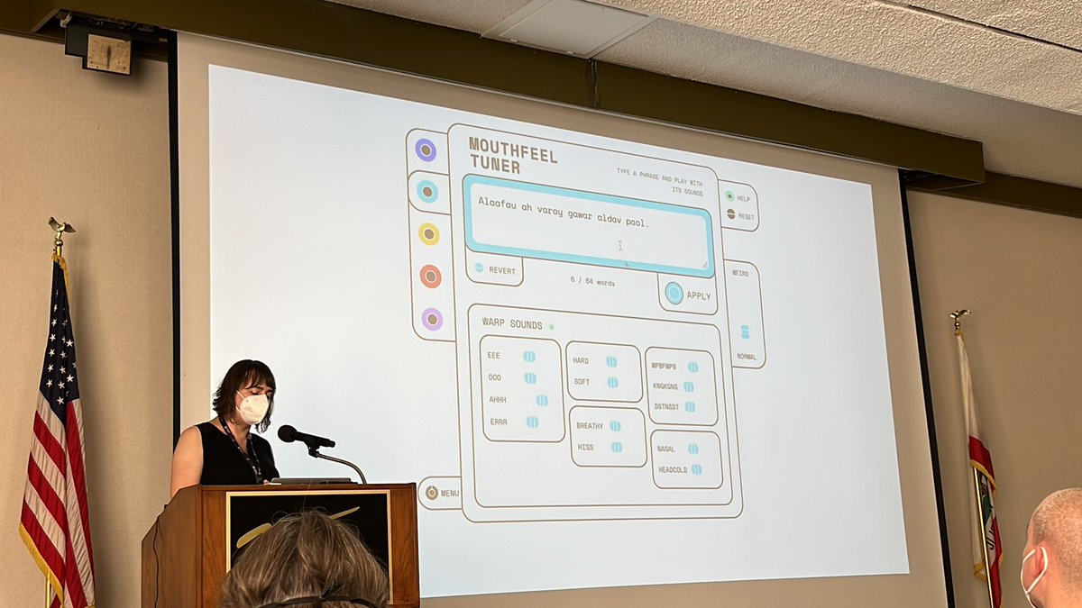 Our final paper to close out the session and #AIIDE22, The Nonsense Laboratory (<a href="/aparrish/">Allison Parrish | @aparrish@friend.camp</a>, <a href="/jennyGstick/">Jenny Goldstick</a> and <a href="/tszetela/">Tim Szetela</a>) a series of playful web-based tools for manipulating the way words sound and the way words are spelled. 

ojs.aaai.org/index.php/AIID…