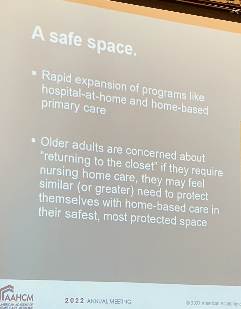 WonMLeeMD's tweet photo. Having people coming into the home “can be a beautiful thing but can be a traumatic thing too” - need to create safe spaces for older LGBTQ+ adults
#AAHCM #homecaremedicine #homemedtwitter @BUgeriatrics @AAHCMAM22 #MeetMeInOrlando2022 @MLRobertsonMD https://t.co/dDHCe5z7hn