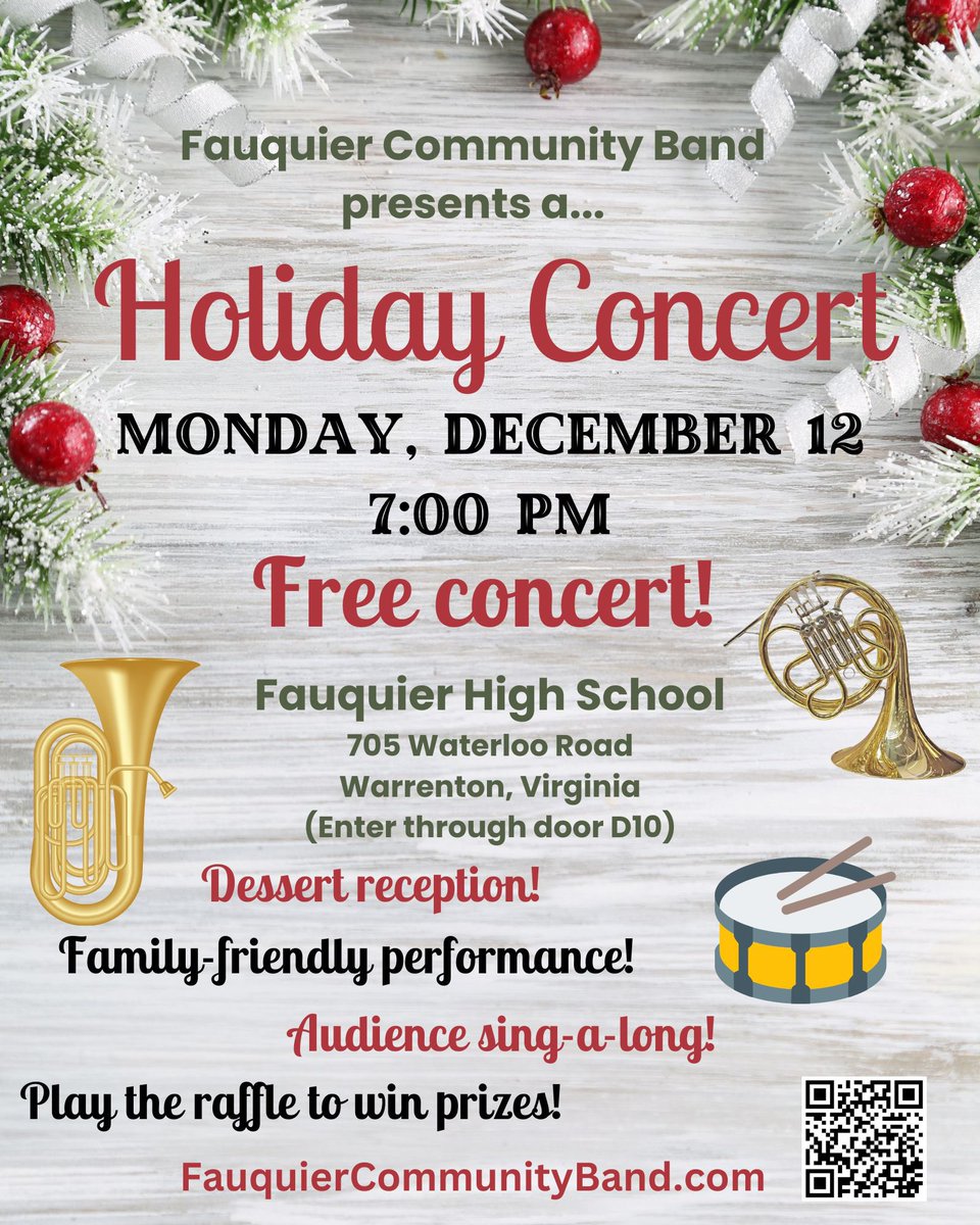 Make your plans now to join us for this FREE holiday concert! You definitely want to hear <a href="/correllscience/">Mrs. Correll 👩‍🔬</a>, <a href="/_LMerg_/">Lisa Mergen</a>, <a href="/K_Merg/">Kurt Mergen</a>, @FCPSGorham, and many more playing our instruments! Be there or be square. 🎅 🎄