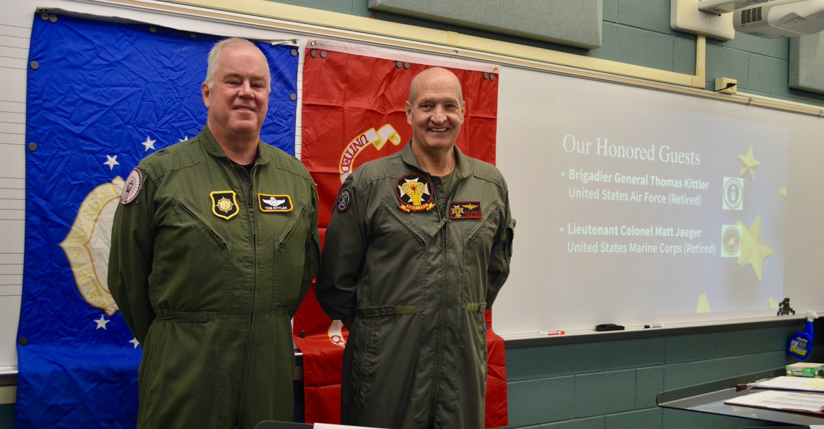 GregScapillato's tweet photo. We are so grateful to Brigadier General Kittler, USAF (ret) &amp; Lt. Col. Matt Jaeger, USMC (ret) for their visit as we prepare for our #VeteransDay performance on Nov 11! Looking forward to honoring all our veterans! @d28bands @NBJH_D28 @D28Northbrook https://t.co/RNY5gbQAzs
