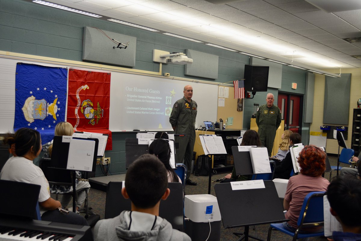 GregScapillato's tweet photo. We are so grateful to Brigadier General Kittler, USAF (ret) &amp; Lt. Col. Matt Jaeger, USMC (ret) for their visit as we prepare for our #VeteransDay performance on Nov 11! Looking forward to honoring all our veterans! @d28bands @NBJH_D28 @D28Northbrook https://t.co/RNY5gbQAzs