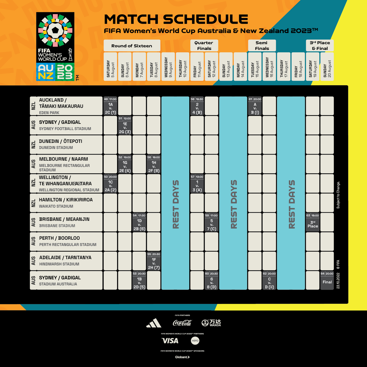 FIFAWWC's tweet photo. All the games. All in one place. 🏆 🫡
The #FIFAWWC 2023 match schedule!

#BeyondGreatness https://t.co/K5VyBpxoe7