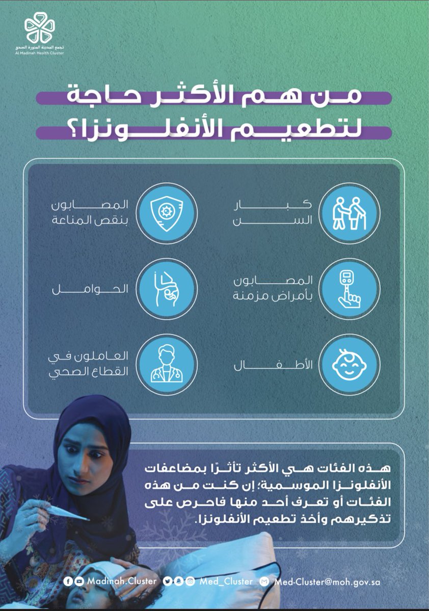 AlUla_Health's tweet photo. #توعية 💡|| 
كبار السن والمصابون بنقص المناعة وذوي الأمراض المزمنة من الفئات الأكثر حاجة لتطعيم #الإنفلونزا_الموسمية 💉
بادر بأخذ اللقاح حتى لا تتعرض لمضاعفاتها ⚠️
#تجمع_المدينة_الصحي
#العلا https://t.co/Uyood5e78S