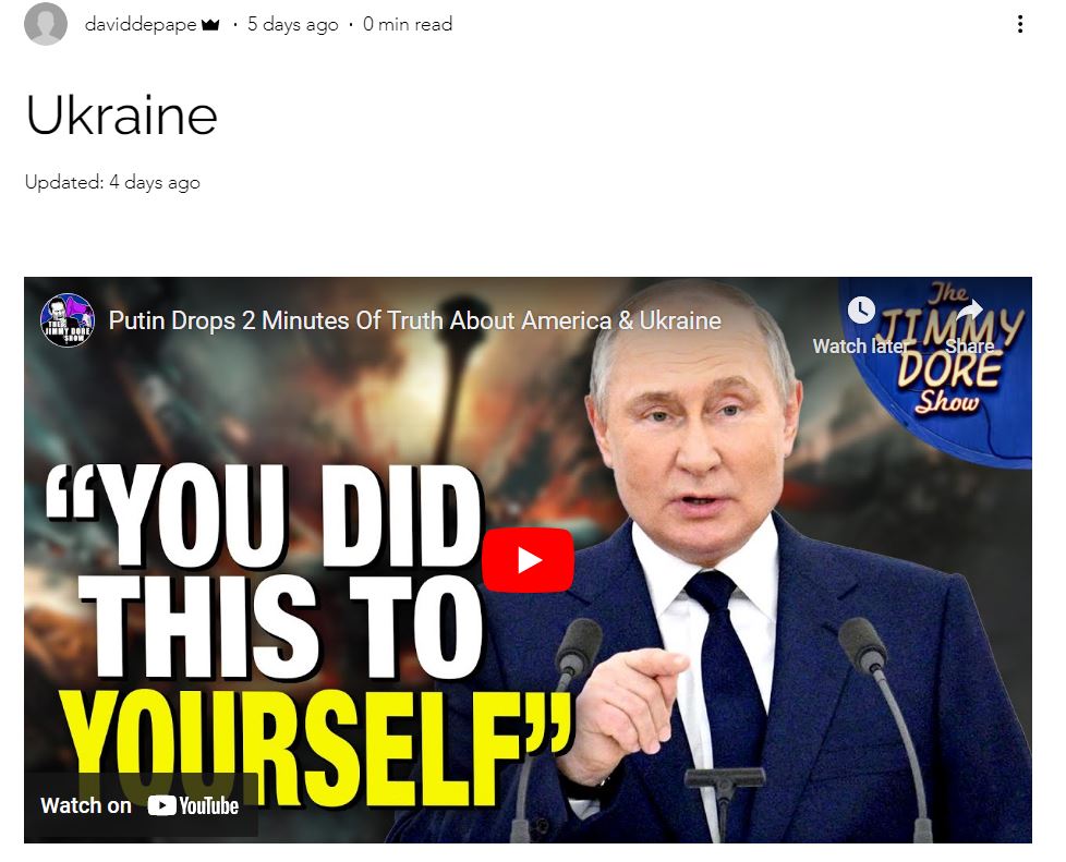 Dylan_Housman's tweet photo. David Depape, the alleged attacker of Paul Pelosi, appears to have reposted a number of Jimmy Dore videos praising Putin on his blog https://t.co/PLTNpZ6TAg