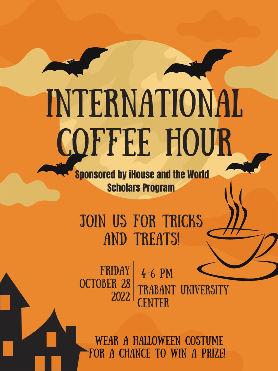 UDGlobal's tweet photo. The World Scholars are co-hosting this week's #UDIntlCoffeeHour and will have Halloween-themed snacks and activities. 🎃

All students are encouraged to wear costumes, as there will be a costume contest with a prize! 🏆

See you in Trabant at 4 p.m. — "Be there or beware!!" 👻 https://t.co/nI3pefEcyR