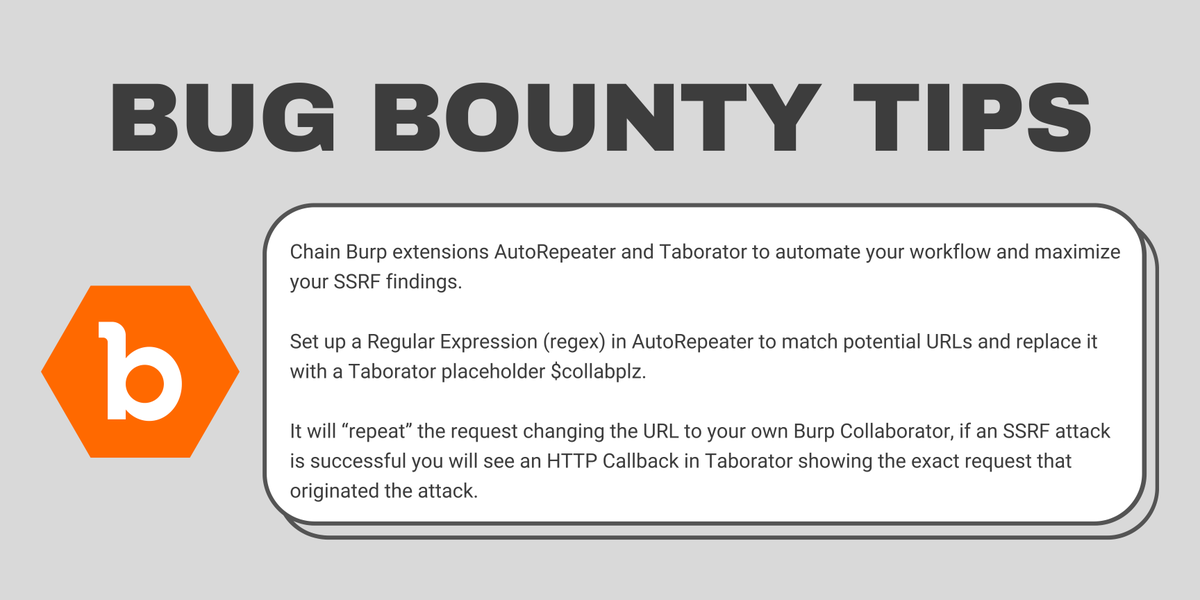 Bugcrowd's tweet photo. We're dropping some #BugBountyTips 👉 Chain AutoRepeater and Taborator to Automate SSRF Findings.

Created by: @bsysop 👏 

Check the thread below for more details ⤵️ https://t.co/wVsjfi0NJg