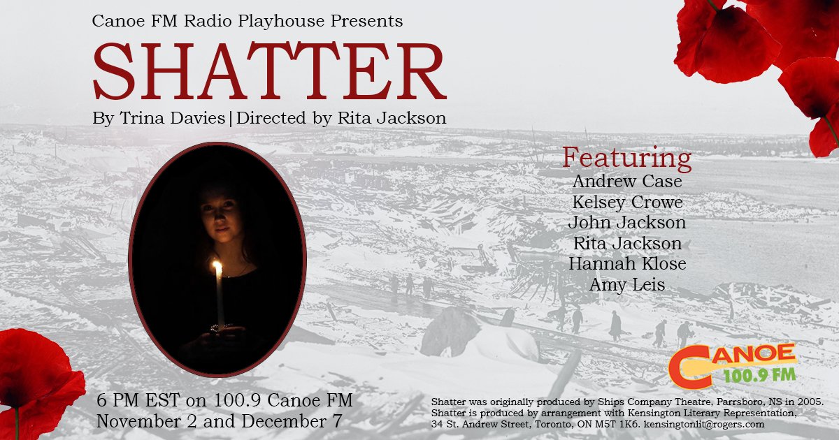 RitaCJackson's tweet photo. Halifax, 1917 largest man-made explosion prior to Hiroshima. Dead. Injured. Homeless. Written by acclaimed Canadian playwright @TrinaLDavies, Shatter coming to @canoeradio on Nov 2 &amp; Dec 7 @ 6 PM EST. Listen on 100.9 Canoe FM https://t.co/dLSn6DKVmc @_amythecat   @TrinaLDavies https://t.co/bbv5CVoqKS