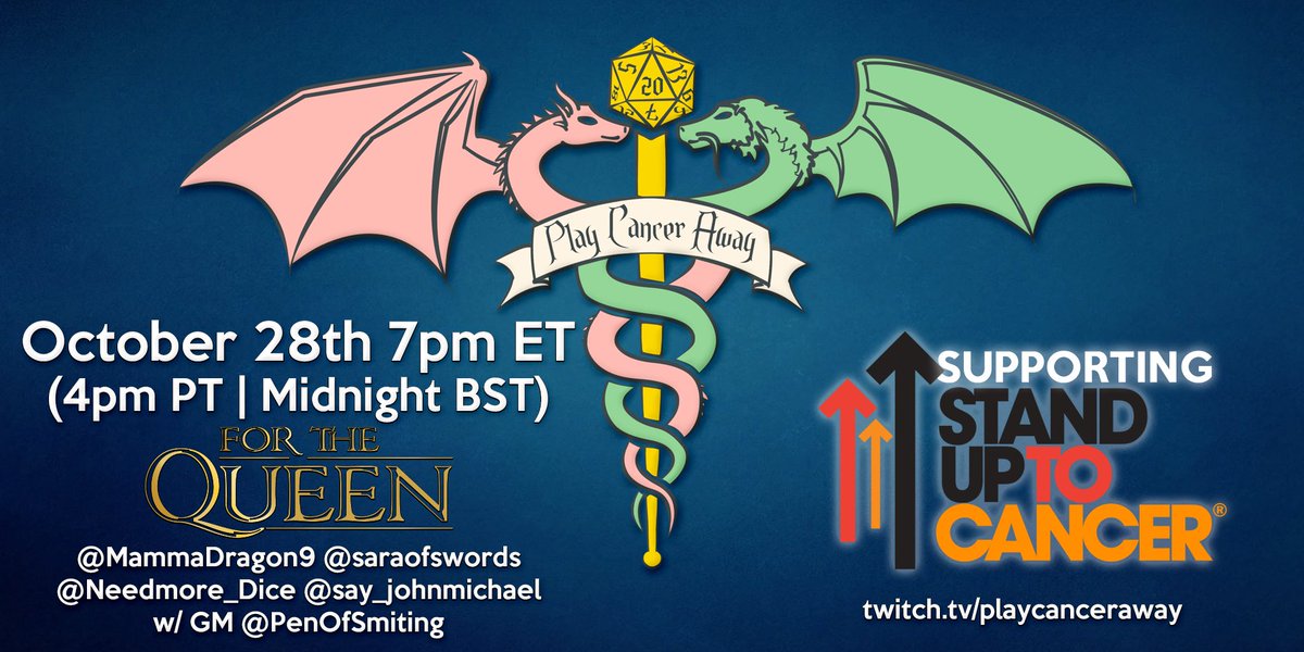 Tonight at 7pm ET @PenOfSmiting will lead players @MammaDragon9 @saraofswords @Needmore_Dice and @say_johnmichael through a game of For The Queen! We’ll have donation incentives, so hopefully we can hit the $2000 milestone and unlock a final giveaway!