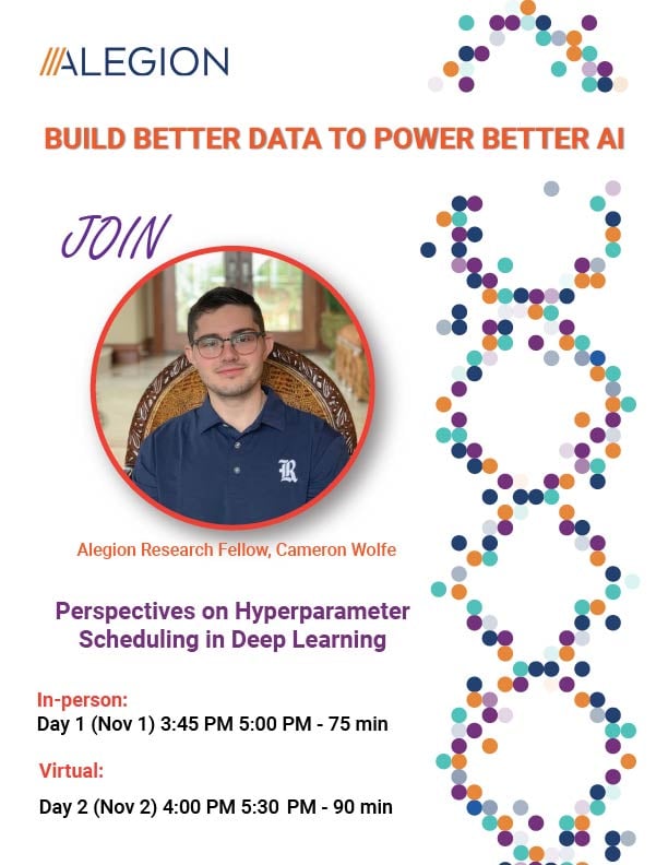 Alegion is ready for #ODSCWest. A leading conference for Data Scientists in AI. Alegion Research Fellow, Cameron Wolfe will be presenting a Perspective on Hyperparameter Scheduling in DL. Visit Booth 13 to see Alegion actively shaping the future of AI hubs.la/Q01qZGqX0