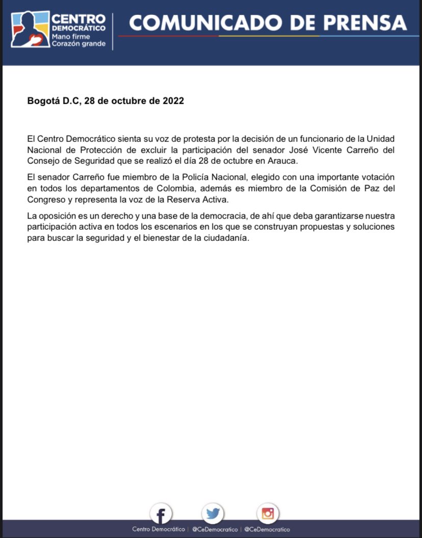 El Centro Democrático sienta su voz de protesta por la decisión de un funcionario de la Unidad Nacional de Protección de excluir la participación del senador José Vicente Carreño del Consejo de Seguridad que se realizó el día 28 de octubre en Arauca.