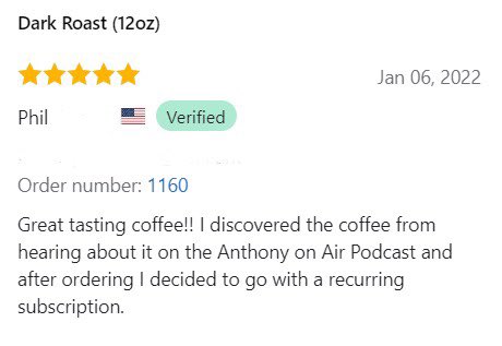 CoffeeJscc's tweet image. It’s once again another #FiveStarFriday. Check out Phil’s review and he found us on @AnthonysFavs, check them out too! We also sponsor @MurphysFlawPC .

We love when people like our #coffee so much they get a subscription! Thanks Phil!
#GetCaffeinated #NSF #Veterans