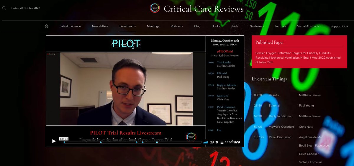 Miss the PILOT trial result livestream on Monday night? Full recording is available here ➡️ criticalcarereviews.com/livestreams/pi… 🔴 Superb results presentation 🔴 Excellent discussion on the robustness & implications of the trial from world leading experts criticalcarereviews.com/livestreams/pi…