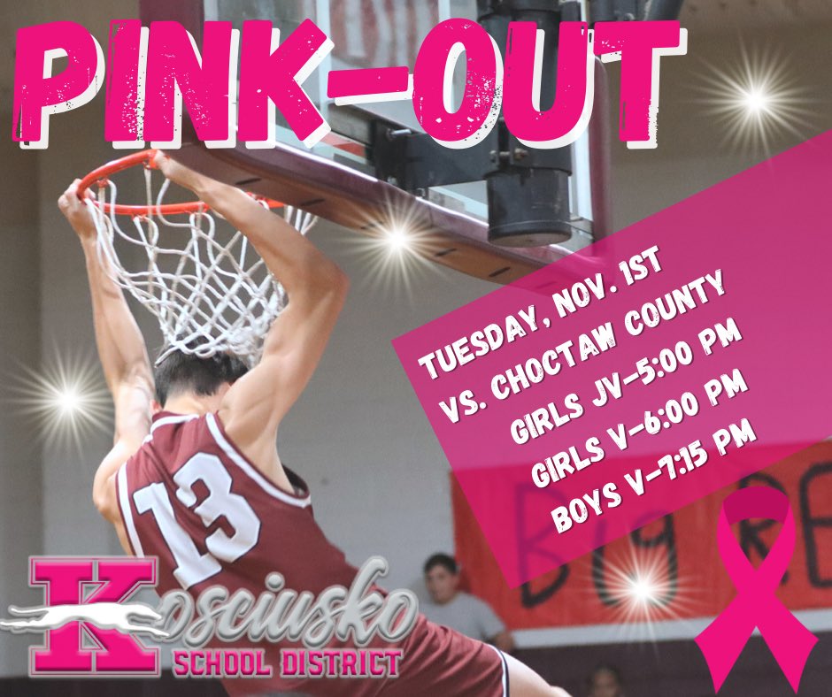KosySchools's tweet photo. 🏀🐾Let’s PINK-OUT the gym for the Lady Whippets and Whippets November 1st! 🐾🏀
Our basketball teams play their FIRST home game Tuesday, November 1st. Any Breast Cancer Survivors in attendance will be recognized between the boy’s and girl’s games.  @kosybasketball https://t.co/Werh1LILmb