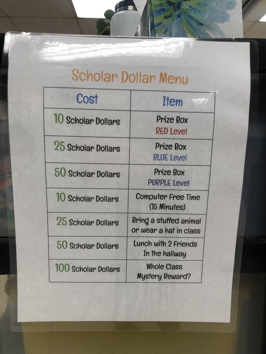 Sshoff12's tweet photo. This week I got to learn more about “scholar dollars” in my classroom. Scholar dollars are money that students can earn through good behavior, being prepared and ready to go on time, being a good classmate and helping out their peers, and the list goes on! So fun! 💸💰#EDU310 https://t.co/bCUGUwGU4N
