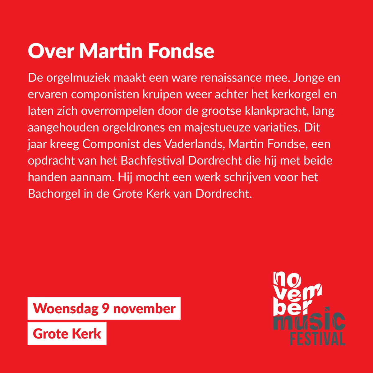Wo 9 nov, Grote Kerk: Voor zijn nieuwe compositie Morningstar Cantata gaat Componist des Vaderlands Martin Fondse (@martinfondse) uit van het gedachtegoed van Bach, waarbij er volop ruimte is voor improvisatie.

novembermusic.net/programma/mart…

👉Samenwerking met Bachfestival Dordrecht.