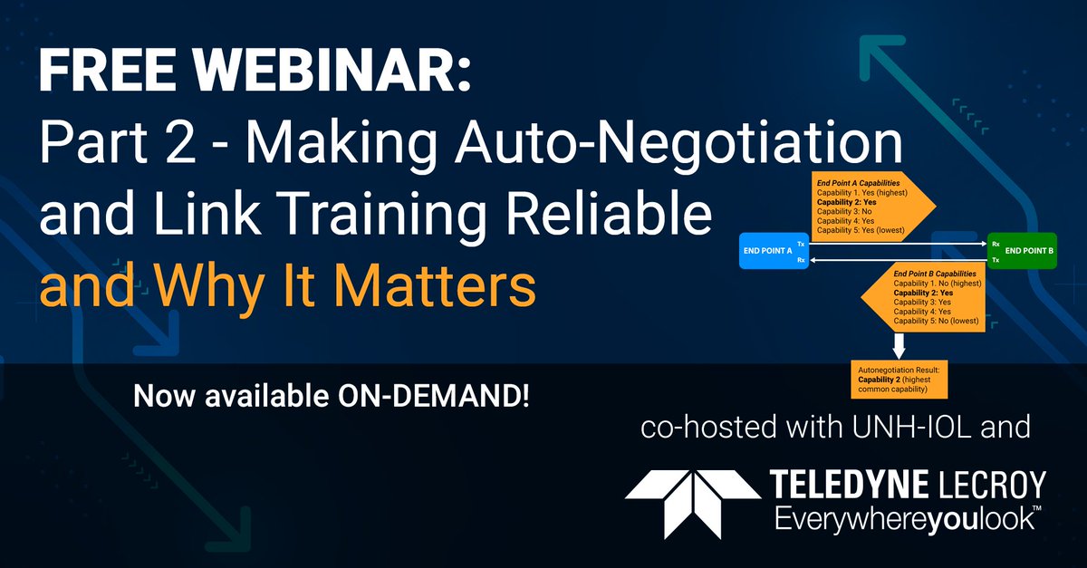 TeledyneLecroy's tweet photo. Now on-demand! Click https://t.co/tWd9T8jHvD to dive deeper into details of #AutoNegotiation (ANEG) and Link Training (LT) ) for high speed #Ethernet networks in this part 2 #WebinarOnDemand with #UNHIOL and #TeledyneLeCroy. Also see our part 1 webinar recording. #ENET #ANEG https://t.co/BnaXryzBzA