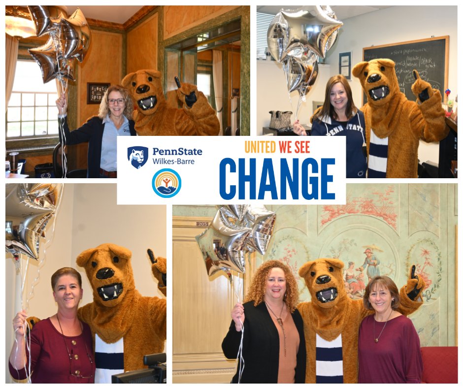 UnitedWayWB's tweet photo. Hail to the Lion!🦁As part of Penn State Wilkes-Barre’s employee giving campaign, the Nittany Lion dropped into a couple of their employee’s offices to say hello and thank them for donating! Thank you Penn State Wilkes-Barre for your continued support of our annual campaign! 💙 https://t.co/T1uWG32mBc