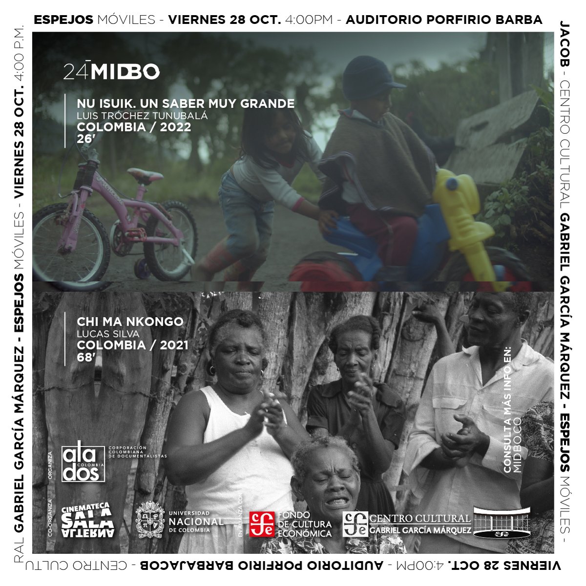 SalaAlternaUN's tweet photo. #ProgramateUNAL ¡HOY!La cinemateca sala alterna en el marco de la #24@midbo_doc estará acompañando los programas “Espejos Móviles” y “Territorios abisales” en el Centro Cultural Gabriel Garcia Marquez, auditorio Porfirio Barba Jacob.
#24MIDBO #Emocióndeloreal #FacartesUNAL https://t.co/RTen25NzZ8
