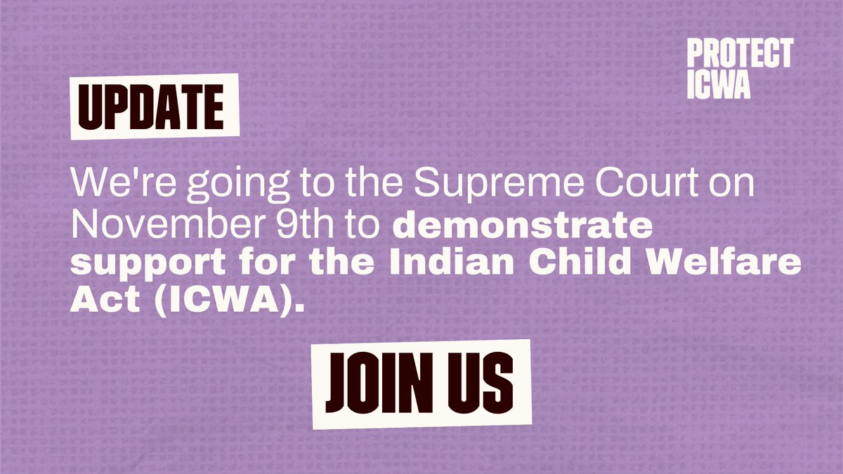 .<a href="/ProtectICWA/">Protect ICWA</a> invites families, leaders, singers, elders, knowledge keepers, youth, &amp; allies to join us at #SCOTUS as we demonstrate our support for #ICWA on Nov. 9, the day of Haaland v. Brackeen's oral arguments.

Register for more information: bit.ly/icwascotusevent