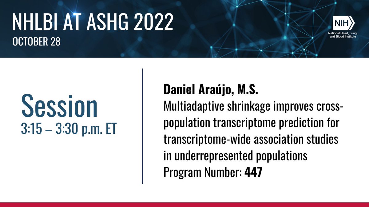 Join us this afternoon for a talk presented by NHLBI-funded researcher Daniel Araújo. Session details: bit.ly/3DvF5is #ASHG22