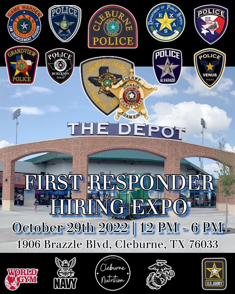 CleburnePD's tweet photo. Interested in a career as a first responder? Come see us at @DEPOTatCLEBURNE tomorrow, Oct. 29. Cleburne PD &amp; other local, state &amp; federal agencies will be on site to provide info &amp; answer questions to help direct you to a successful start to your career in law enforcement. https://t.co/C9DT8guh9w