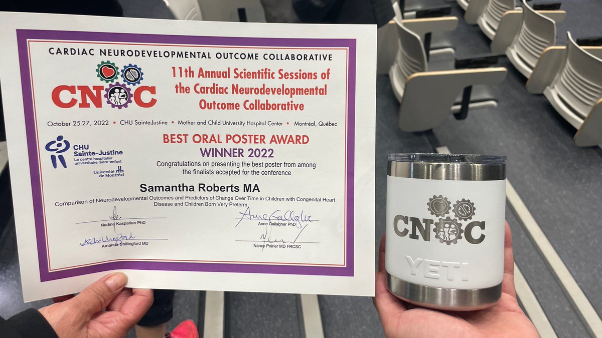 @CardiacNeuro Congratulations to Samantha Roberts for winning the best oral poster award at #CNOC2022!! The NeuroOutcomes lab and I are extremely proud of you, your dedication to pediatric #CHD research, and of this achievement! @CardiacNeuro
