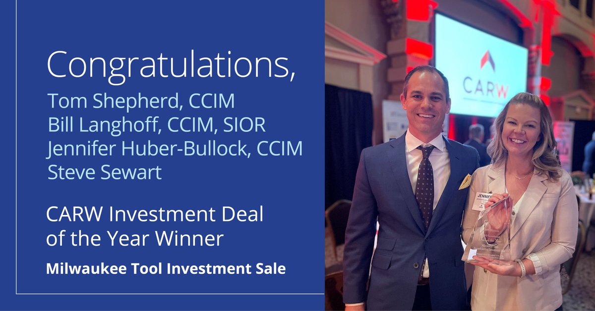 Congratulations to members of our investment &amp; industrial teams that were awarded the Investment Deal of the Year by <a href="/CARW1/">CARW</a>: Tom Shepherd, Sr., Bill Langhoff, Jennifer Huber-Bullock, and Steve Sewart.
Bill and Joe Langhoff were also finalist for the Industrial Deal of the Year.