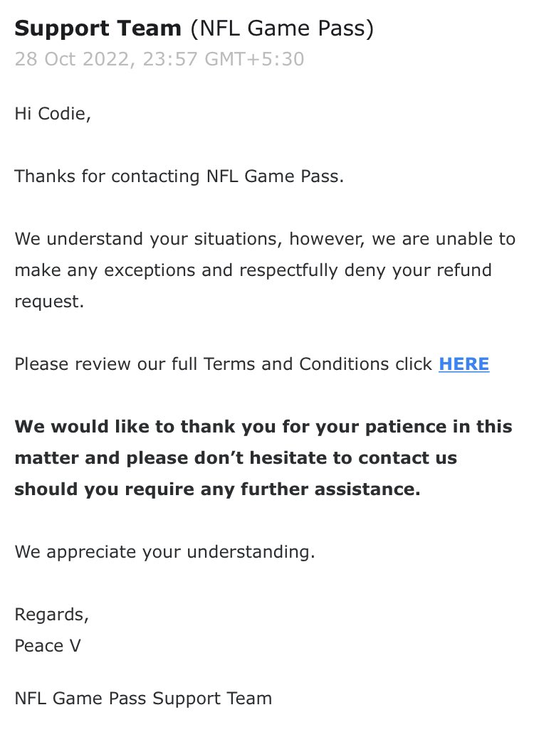 codieentwistle's tweet photo. I love getting a cut and paste response. I’ve not been able to download and watch anything on @nflgamepasslink this season. We are now in week 7 and this is all I get from the ‘support team’. Awful job as ever @NFLGamePassHelp #nflgamepass https://t.co/yL0HoytMo0