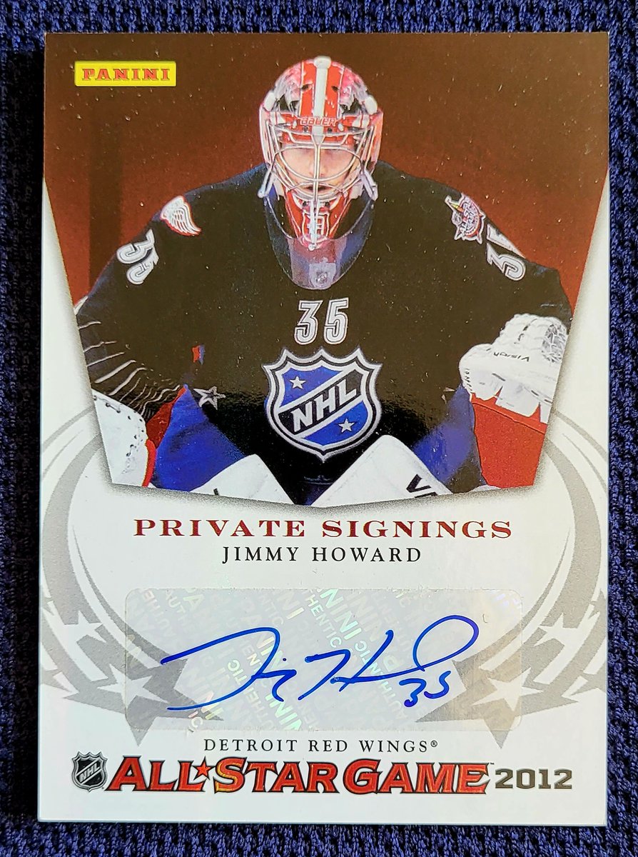 card_boarded's tweet photo. Picked up another nice @PaniniAmerica auto for my Jimmy Howard collection. This one is from the 2012 All-Star Game Private Signings set. Had to get it to go with the replica jersey I just bought. #collect #JimmyHoward https://t.co/bHkjTaGxzG