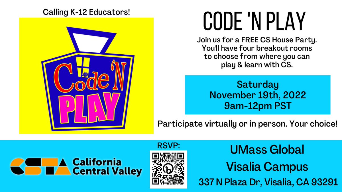 CSTA_CV's tweet image. Join us for a FREE CS House Party - in person or virtual! All K-12 educators are welcome to network and play to learn about computer science education. Event will be 11/19/22 9 am - 12 pm. RSVP: docs.google.com/forms/d/e/1FAI… #csforca #csforcv #cvtechtalk #csed