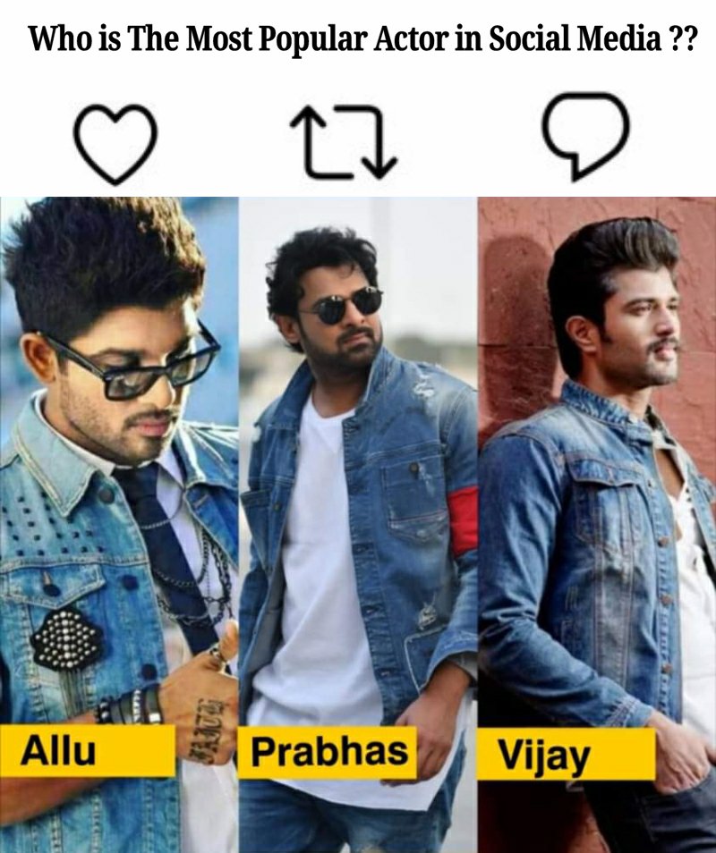 AskRohitKumar's tweet photo. Who is Social Media👑 ??

#AlluArjun • #Prabhas • #VijayDeverakonda 

#PushpaTheRule #Adipurush #Salaar #ProjectK #Liger https://t.co/HCo16vpWRb