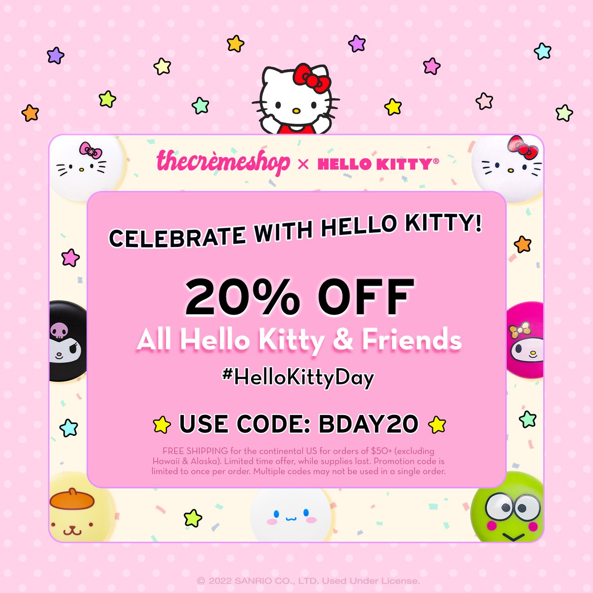 CELEBRATE with @hellokitty 💖🍰 USE CODE: BDAY20 ✨ for 20% OFF all hello kitty & friends! #hellokittyday #hellokitty 🎀 thecremeshop.com 🎀