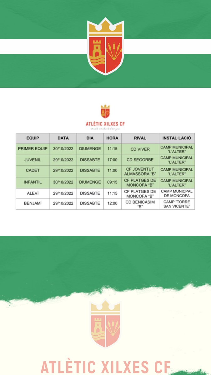 Ací teniu els partits que jugaran els nostres equips aquest cap de setmana!👌💚

________________________________

Aquí tenéis los partidos que jugarán nuestros equipos este fin de semana👌💚

#corverdet💚 #ATXilxesCF #Xilxesdeporte #tornaremmésforts