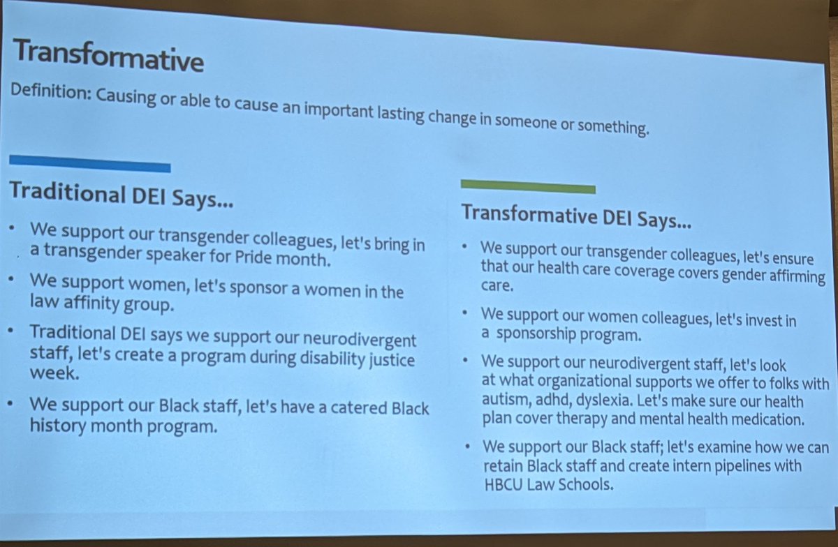 .@TobarKee continues with discussing traditional DEI vs. transformative DEI: 'Transformative DEI is active. Traditional DEI can be seen as performative, while transformative DEI is performing.' #NLADA22 @NLADA @CLSphila