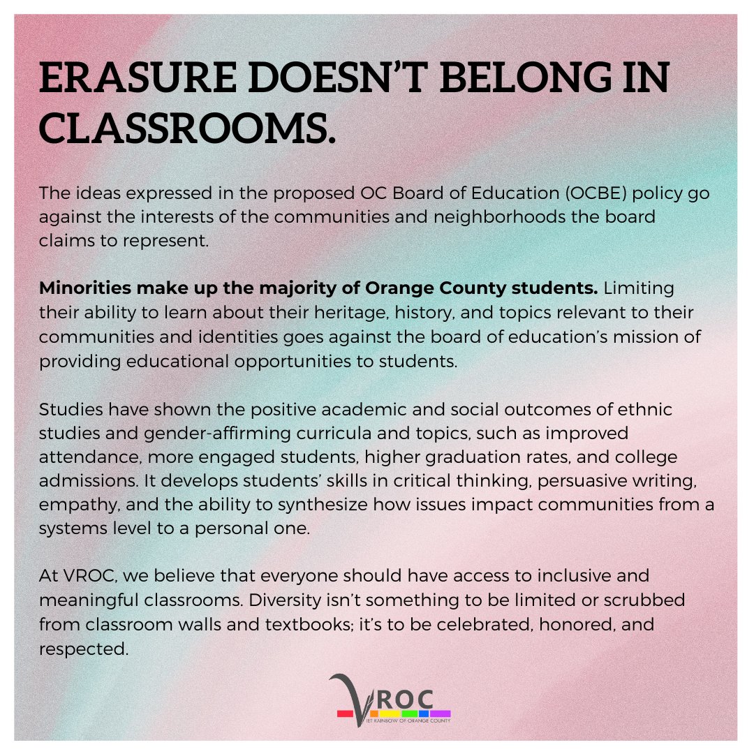 Erasure doesn’t belong in classrooms…education does! We stand by the power of safe, inclusive, and colorful classrooms with curricula that reflects the history and experiences of communities of color. Join us at the next OCBE meeting on Wednesday, Nov 2nd at 4pm!